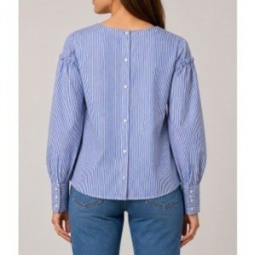 Sienna Sky Women's Blue White Striped Puff Shoulder Pearl Back Button Top Size M - Picture 2 of 9